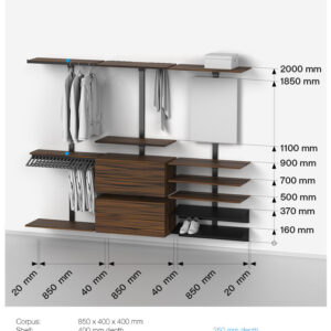 Dimensões de Pecasa Dressing configuração C, com prateleiras de madeira e/ou vidro